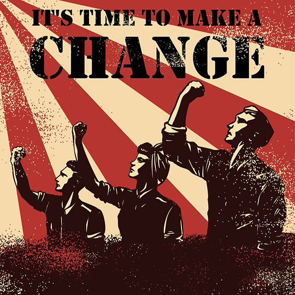 Graphic with three people demanding change